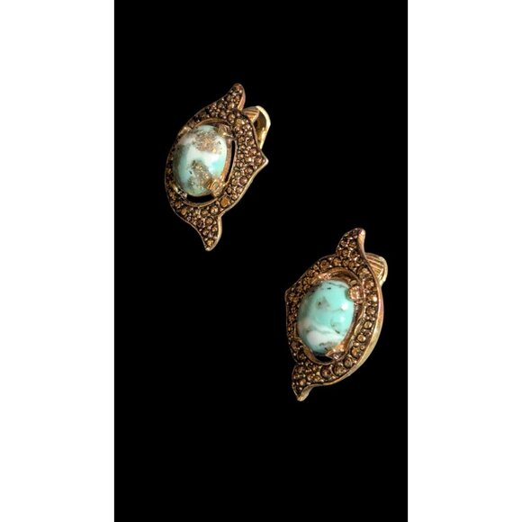 Sarah Coventry Vintage Clip-On Earrings Turquoise Faux Stone & Rhinestones Gold- - Picture 6 of 8